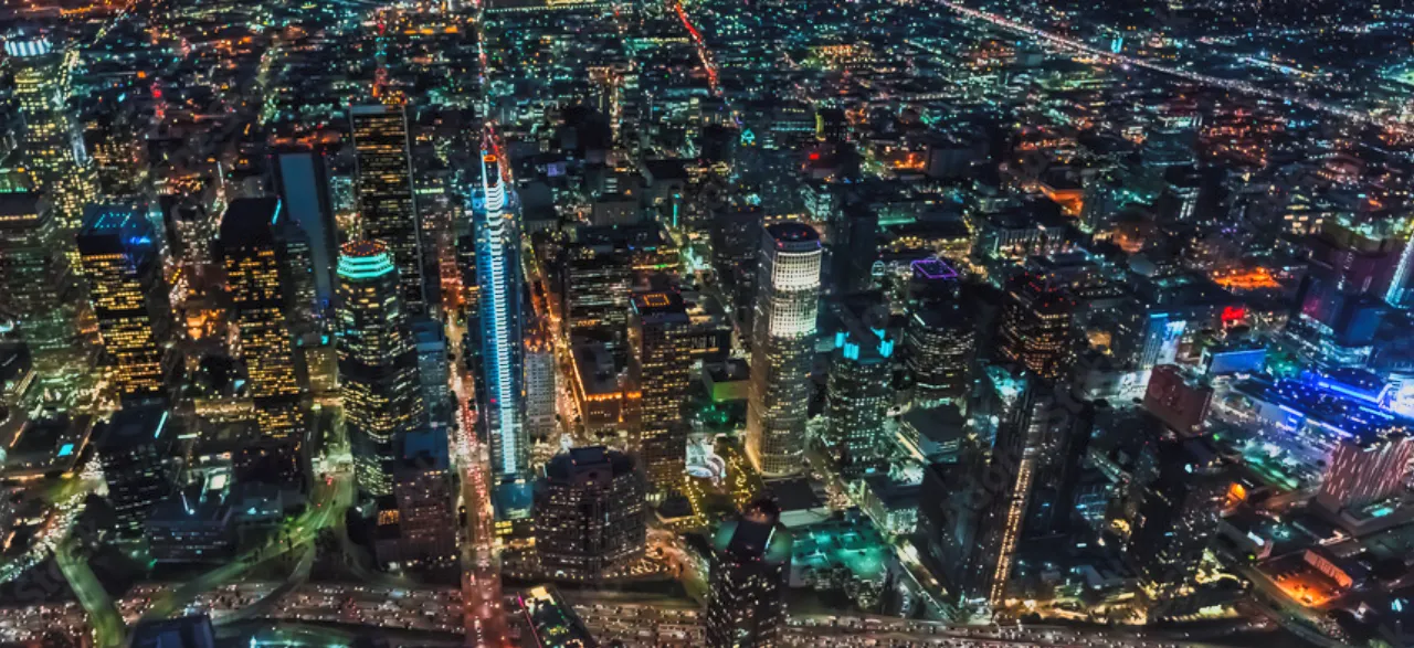 Los Angeles skyline lit up from the air